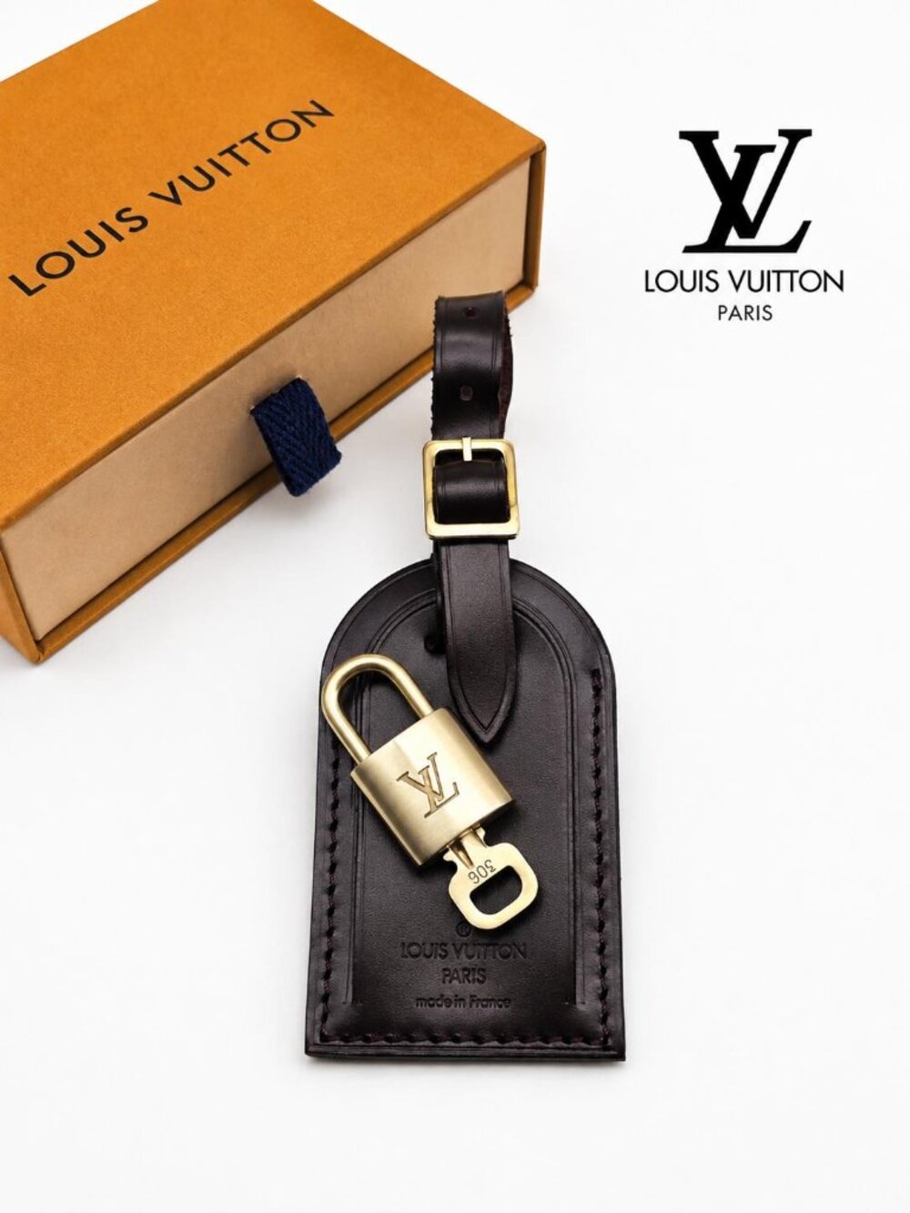 Authentic Louis Vuitton Brown Luggage Tag Gold LV Padlock Key & Box